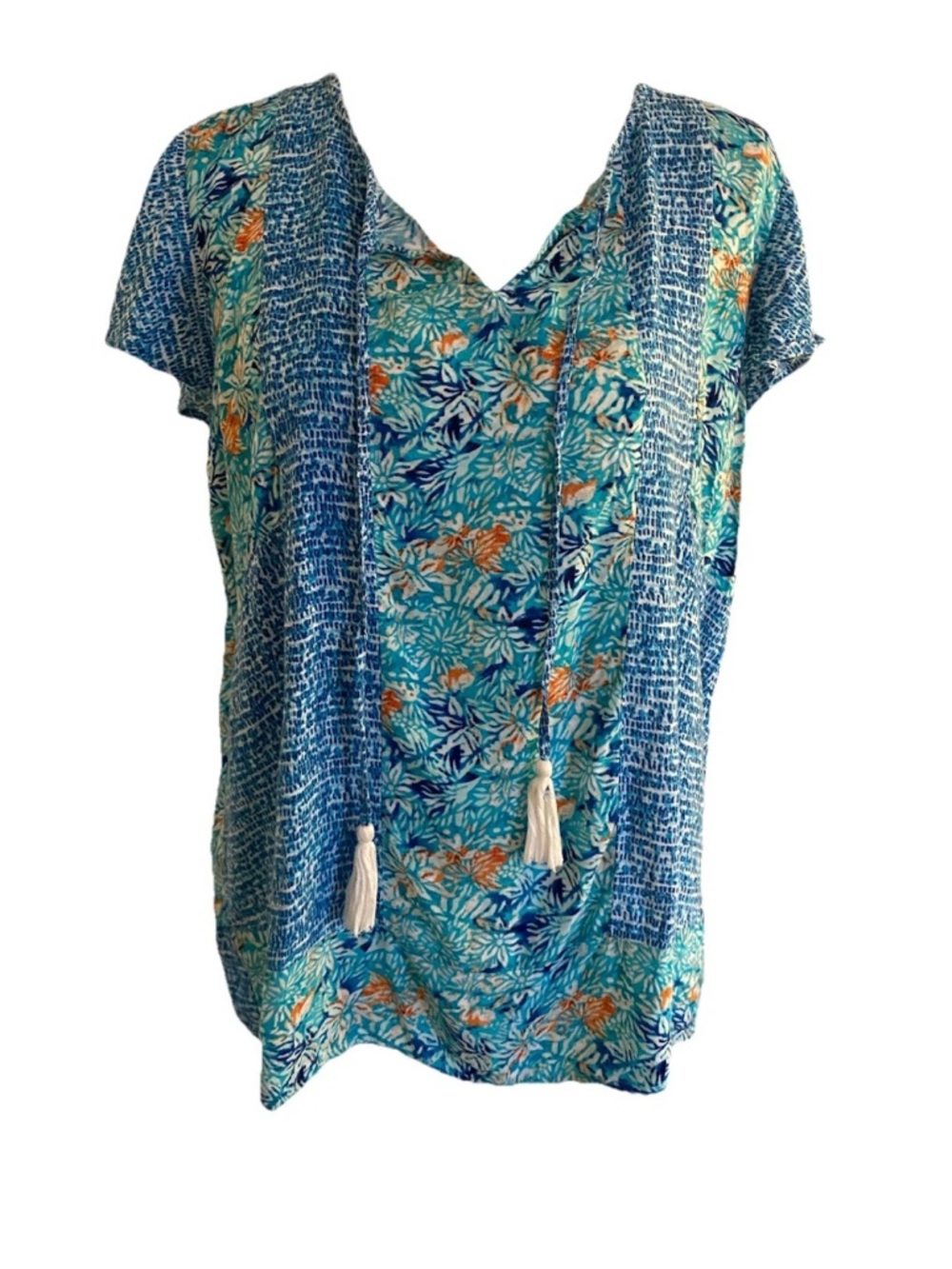 Cafe Marrakesh  Blue Floral V-Neck Tassel Blouse